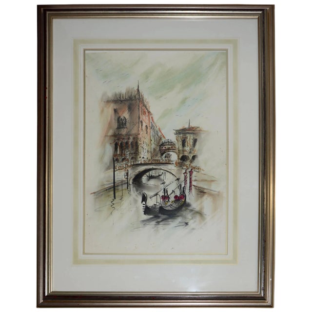 Midcentury Framed Venetian Watercolor Artist Signed For Sale
