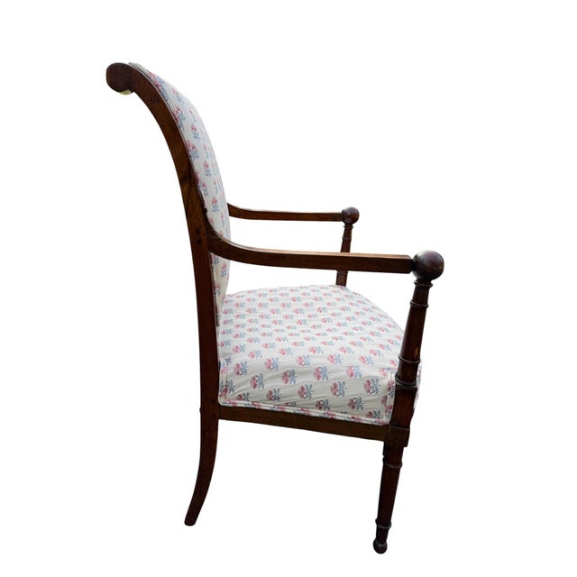 Early 19th Century Hand Crafted Cherry Wood Side Chair This early 1800s chair is upholstered in period appropriate fabric....