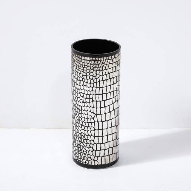 Mid-Century Black Glass Vase With Sterling Silver Overlay Crocodile Motif For Sale - Image 4 of 11
