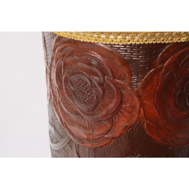 Art Nouveau Umbrella Stand Basket Embossed Leather Decorated Red Roses, 1900 For Sale - Image 13 of 17