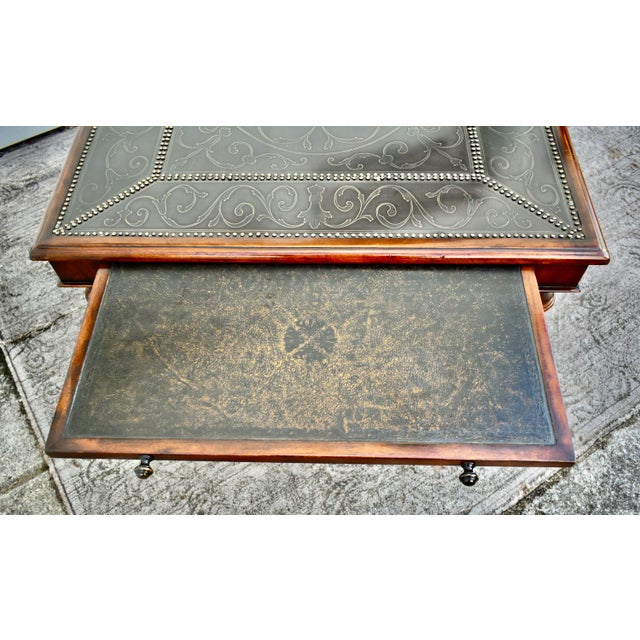 Vintage Theodore Alexander Brass Embossed Regency Style Cocktail Table W/Leather For Sale - Image 11 of 13