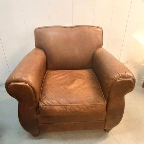 Mitchell Gold for Restoration Hardware Leather Club Chair Pair With Ottoman For Sale - Image 10 of 12