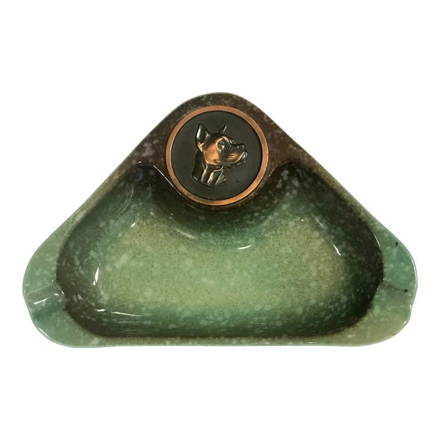 1940 Hyde Park Rookwood Ashtray/Catchall With Dog Head Copper Medallion For Sale