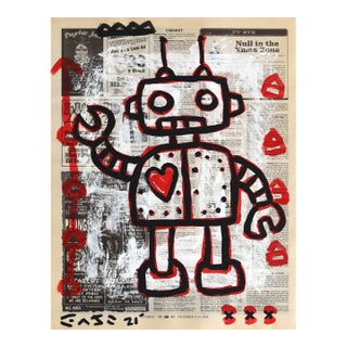 Robo Love Bug - Original Small Pop Street Art Acrylic Painting on Newspaper by Gary John For Sale