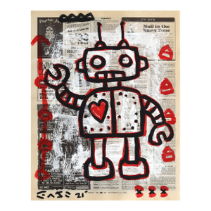 Robo Love Bug - Original Small Pop Street Art Acrylic Painting on Newspaper by Gary John