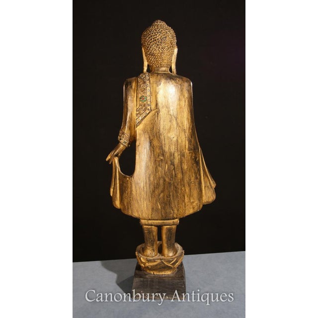 Gilded Hand Carved Standing Buddha Statue Tibetan Buddhist Art For Sale - Image 3 of 8