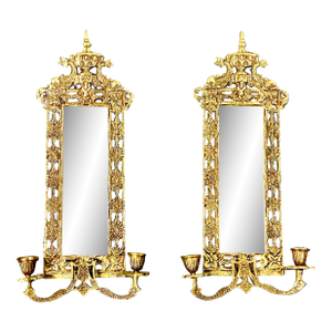 Antique French Neoclassical Chinoiserie Brass Mirrored Wall Candle Holder Scones - A Pair.