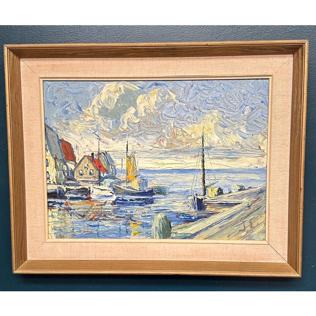Scandinavian School, Port with Moored Sailboats, 1950s, Oil on Panel, Framed For Sale - Image 7 of 14