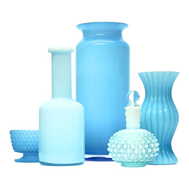 Milky Sky Blue Mixed Glass Vessel Curation - Group of 5 For Sale