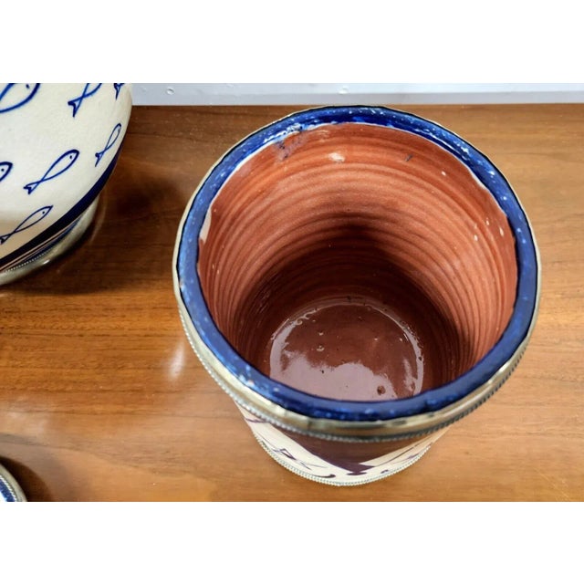 Metal Studio Art Pottery Cookie Jar Utensil Holder Lidded Jar 3 Piece Set For Sale - Image 7 of 12