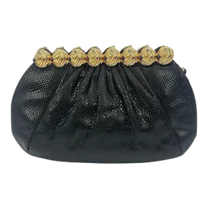 Vintage Judith Leiber Black Lizard Gold Gemstone Top Clutch