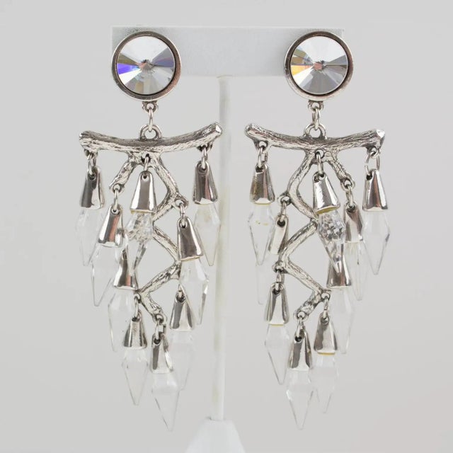 Faceted Crystal Drops Chandelier Silver Plate Clip Earrings For Sale - Image 4 of 8