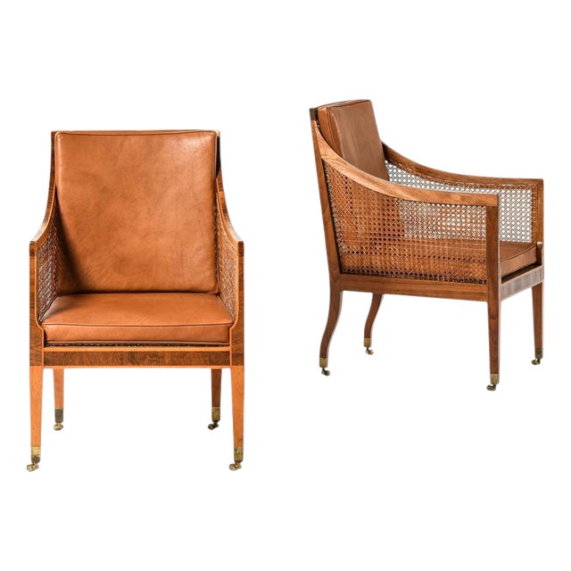 Bergère Armchairs in Cane with Leather and Mahogany by Kaare Klint, 1931, Set of 2 For Sale
