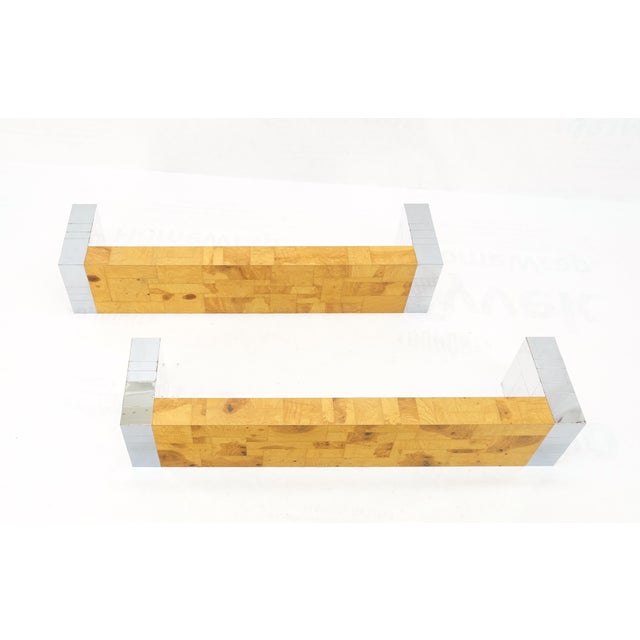 Mid-Century Modern Pair Paul Evans Bracket Shape Burl Walnut Polished Chrome Hanging Shelves Mint For Sale - Image 3 of 11