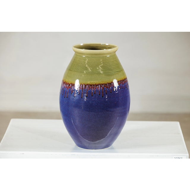 Artisan Purple and Olive Green Glazed Ceramic Ovoid Vase with Drip Detail For Sale - Image 12 of 12