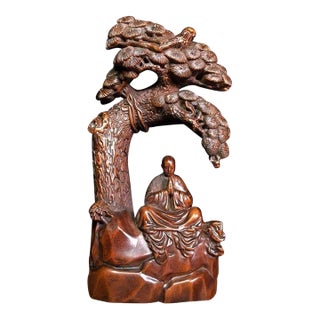 Hand-Carved Boxwood Figure of a Monk Under a Pine Tree For Sale
