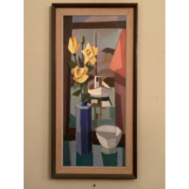 Mid 20th Century Tall & Narrow Cubist Still Life W/ Yellow Daffodills For Sale - Image 9 of 11