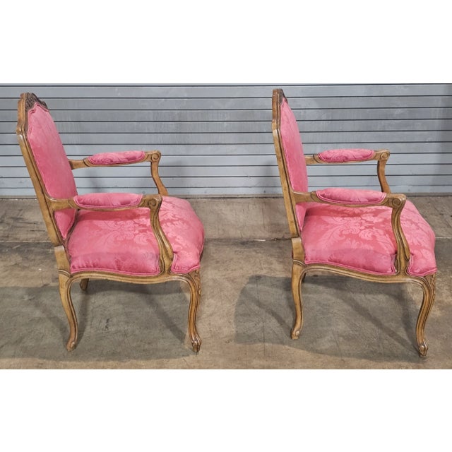 Rose Pair of Late 20th Century Provincial French Country Walnut Carved Arm Chairs Rose Silk Damask Fabric For Sale - Image 8 of 13