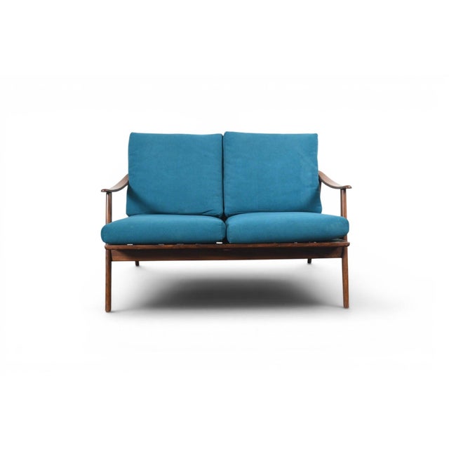 1960s Vintage Teak Framed Loveseat With Jewel Toned Cushions For Sale In San Francisco - Image 6 of 9