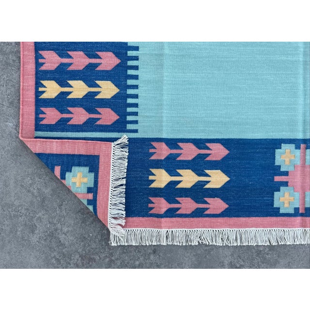 Casa Cosima Not Yet Made - Made To Order Handmade Cotton Natural Vegetable Dyed Reversible Green Blue Pink Leaf Pattern Rug Dhurrie - 9'x12' For Sale - Image 4 of 11