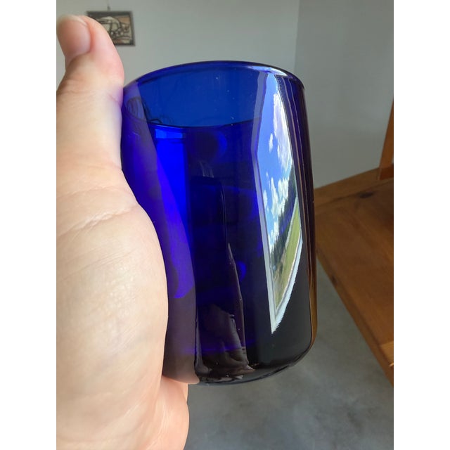 Art Deco Style Cobalt Blue Glasses, Set of 7 Hand Blown Lowball Glassware Set For Sale - Image 6 of 16