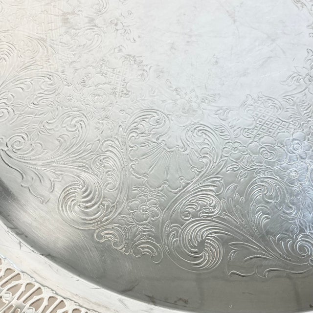 Mid-Century Modern Mid-Century Baroque Hollywood Regency Chippendale Wm Rogers Reticulated Etched Silverplate Tray For Sale - Image 3 of 12