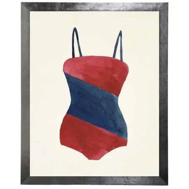 Red Bathing Suit with Blue Diagonal Middle Stripe Watercolor Print in flat wide silver