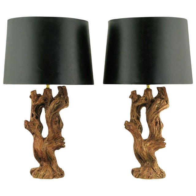 Ceramic Driftwood-Form Faux Bois Table Lamps - a Pair For Sale