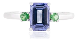 1.13 Carat Emerald Cut Tanzanite & Tsavorite Ring Size 5 in 14k White Gold