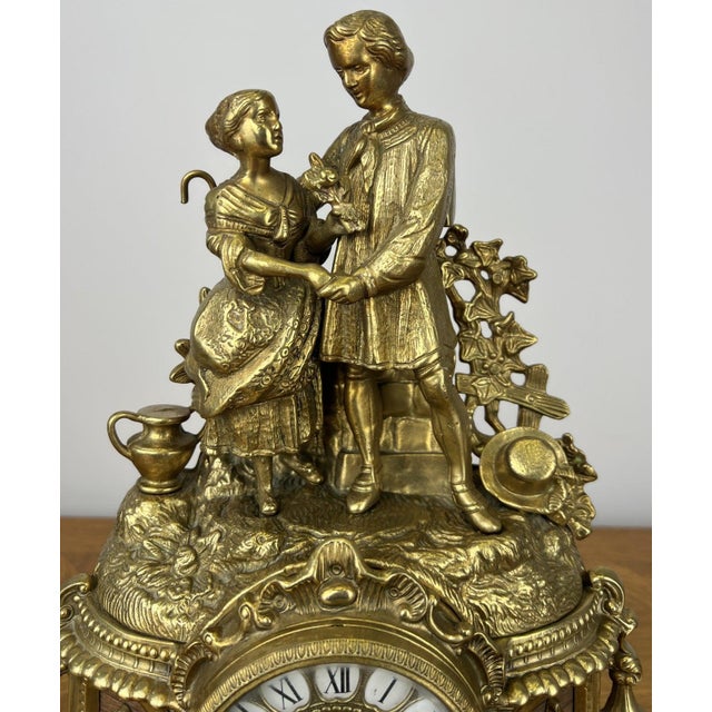 Vintage French Brass Ornate Romantic Couple Mantel Clock For Sale - Image 3 of 16