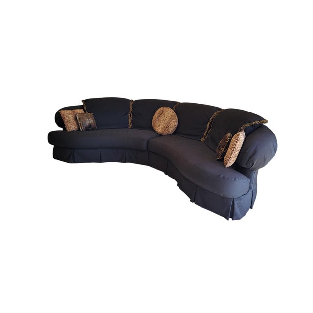 1980s Postmodern Serpentine Curved Two-Piece Sectional Sofa, Ribbed Black Upholstery For Sale - Image 4 of 17