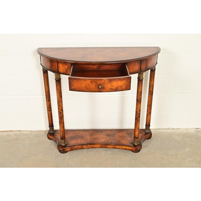 Late 20th Century Maitland Smith Style French Empire Burl Wood and Gold Gilt Demilune Console Table For Sale - Image 5 of 15