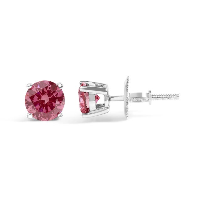 Contemporary 10K White Gold 1.0 Cttw Lab Created Round Brilliant Cut Pink Diamond Classic 4-Prong Solitaire Stud For Sale - Image 3 of 6