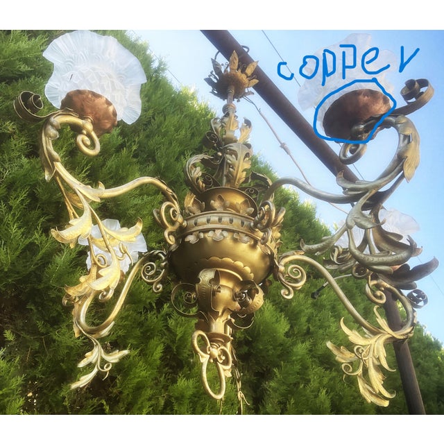 Antique Brass, Copper, and Glass 5-Arm Chandelier, 1900s For Sale - Image 15 of 18