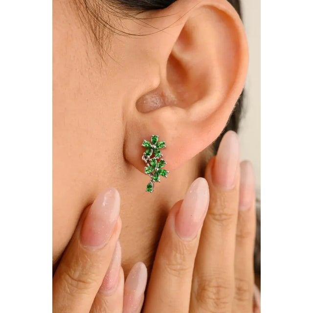 Tsavorite Double Flower Modern Earrings for Her in 14k Solid Gold- 2 Pieces For Sale - Image 4 of 10