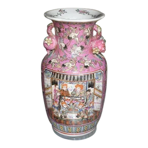 Large Chinoiserie Famille Rose Pink Vase With Floral and Bird Motif