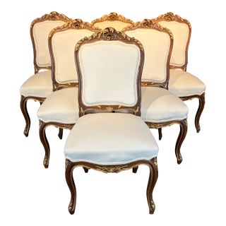 French Louis XV Walnut Dining Chairs With Gilt & New Upholstery- Set of 6 For Sale