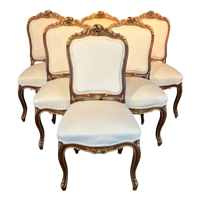 French Louis XV Walnut Dining Chairs With Gilt & New Upholstery- Set of 6 For Sale
