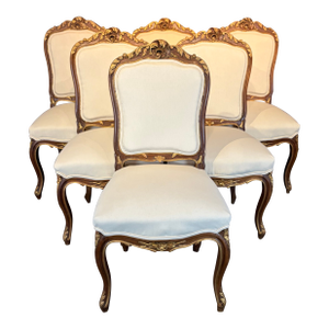 French Louis XV Walnut Dining Chairs With Gilt & New Upholstery- Set of 6