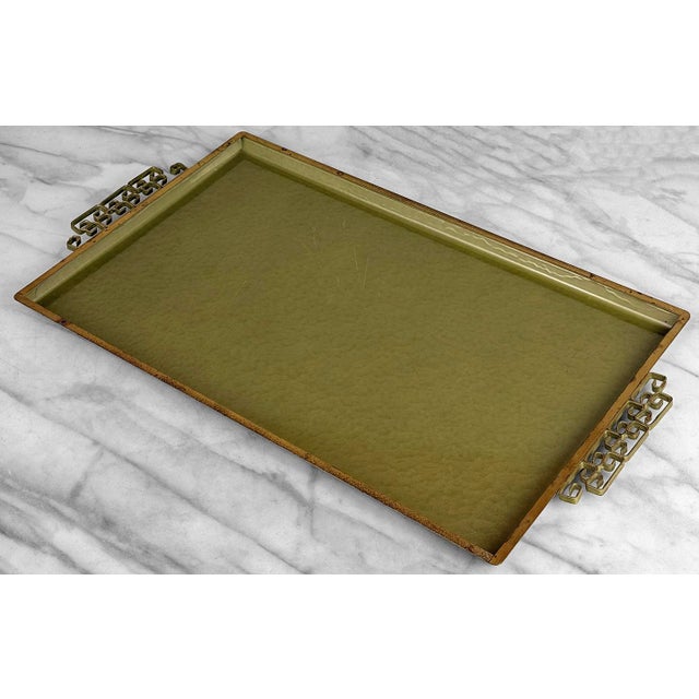 Chinoiserie Vintage Hollywood Regency Chinoiserie Green Enamel Serving Vanity Tray For Sale - Image 3 of 9