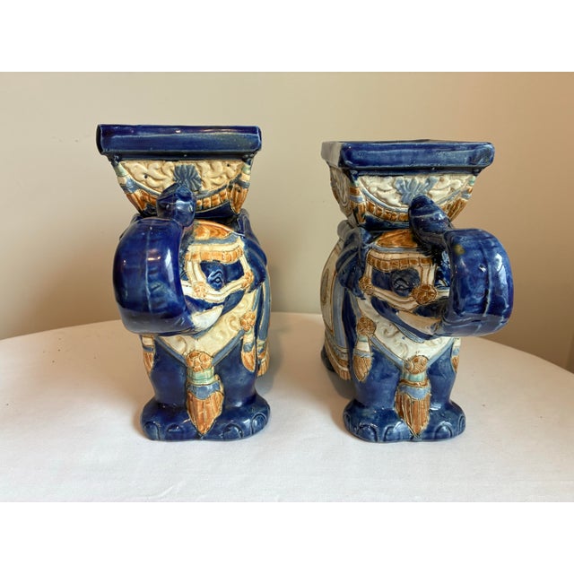 Hollywood Regency Pair of Vintage Chinoiserie Asian Glazed Ceramic Elephant Plant Stands For Sale - Image 3 of 9
