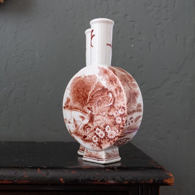 Ceramic Porcelain Double Moon Flask Vase With Red Hand Painted Country Scene For Sale - Image 7 of 18