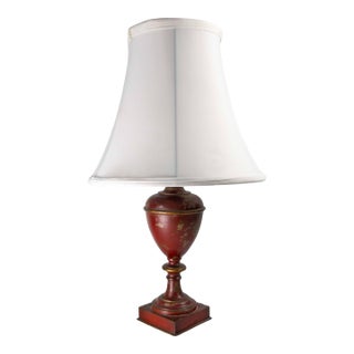 Mid-Century Decorative Toleware Tole Style Painted Red and Gold Table Lamp For Sale