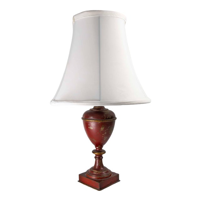 Mid-Century Decorative Toleware Tole Style Painted Red and Gold Table Lamp For Sale