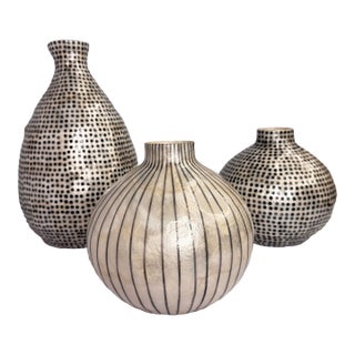 Set of 3 Capiz Shell Vases – Coastal Modern Neutral Decorative Objects, Philippines For Sale