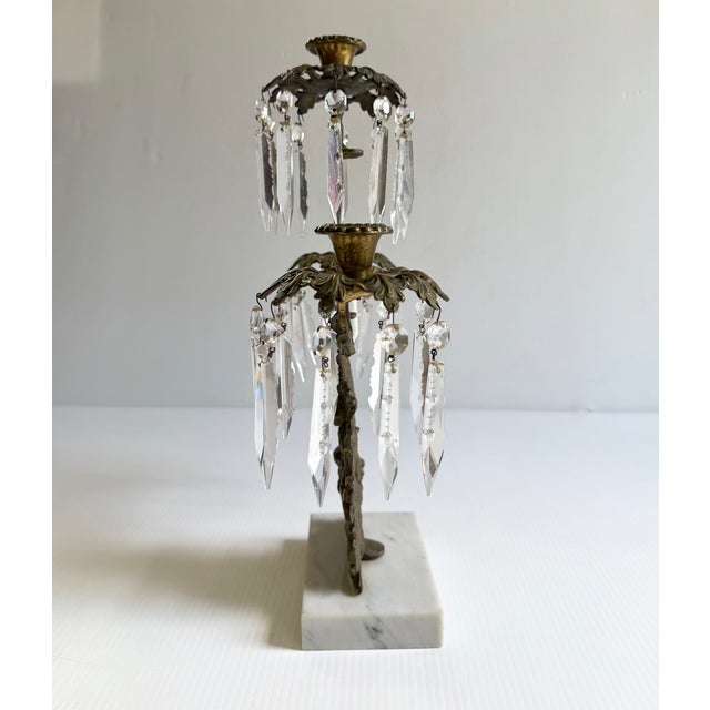 Antique Brass Victorian Couple 3 Arm Girandole Candlestick With Marble Base & Prisms For Sale - Image 10 of 17