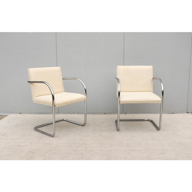 2010s Ludwig Mies Van Der Rohe Brno Tubular Chairs in Cream Fabric by Gordon - A Pair For Sale - Image 5 of 18