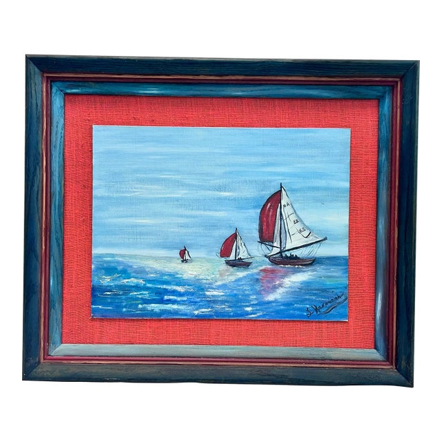 Nautical Folk Art Sailboat Painting – Framed Coastal Wall Art For Sale