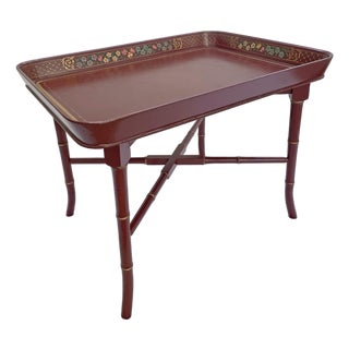 Vintage Maroon Gilded Regency Tray Table Faux Bamboo For Sale