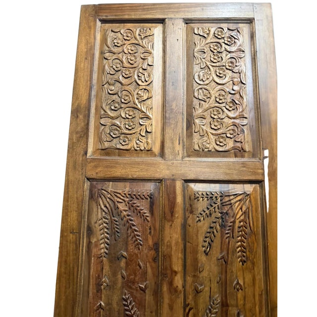 1920s Antique Indian Floral Carved Wood Door – Vintage Artistic Rustic Barn Door 96 For Sale - Image 5 of 7